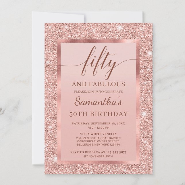 Elegant rose gold fifty and fabulous 50th birthday invitation (Front)