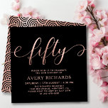 Elegant Rose Gold Fifty Script Black 50th Birthday Invitation<br><div class="desc">Elegant Chic Black and Rose Gold Fifty Script 50th Birthday Invitation. This modern birthday party invitation template for woman features stylish „fifty” text in huge faux rose gold foil swirly handwritten calligraphy (or typography) script with swash tail font, party details in blush rose gold colour on black background. At the...</div>