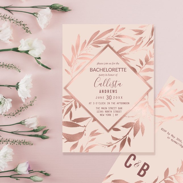 Elegant Rose Gold Floral Bachelorette Blush Pink Invitation (Creator Uploaded)