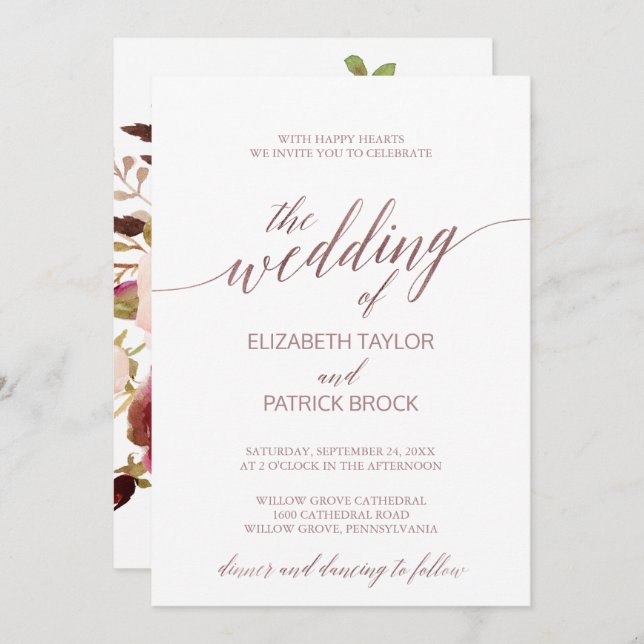 Elegant Rose Gold | Floral Backing Wedding Invitation (Front/Back)