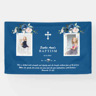 Elegant Rose Gold Floral Baptism Girl Photo Banner