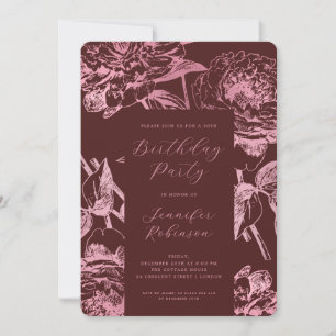 Elegant Rose Gold Floral Birthday Party Burgundy  Invitation