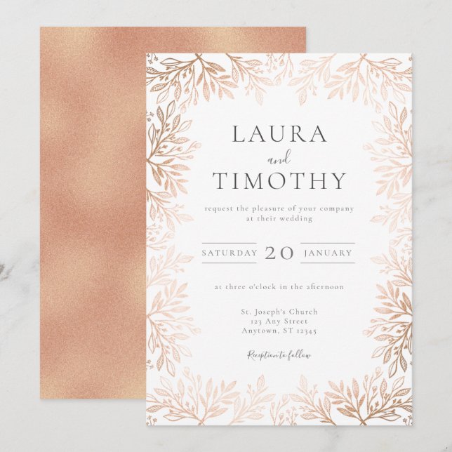 Elegant Rose Gold Floral Border Typography Wedding Invitation (Front/Back)