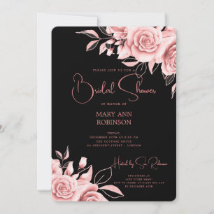 Elegant Rose Gold Floral Bridal Shower Black  Invitation