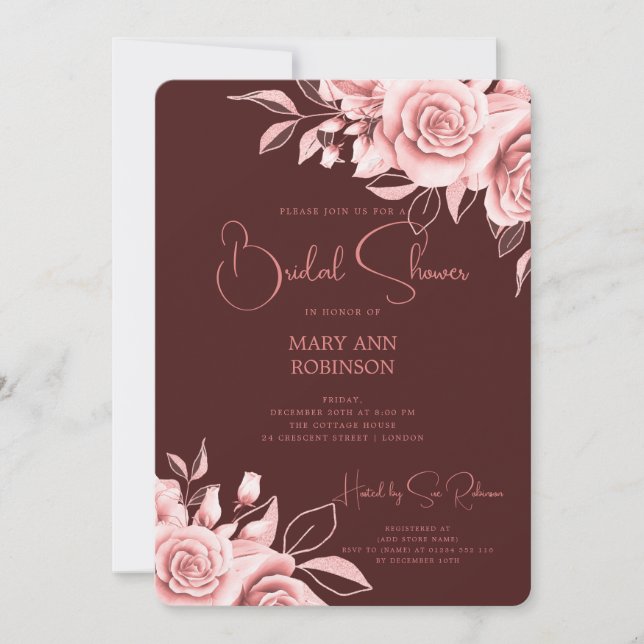 Elegant Rose Gold Floral Bridal Shower Burgundy  Invitation (Front)