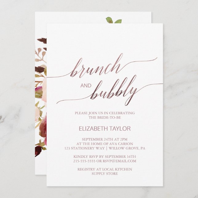 Elegant Rose Gold | Floral Brunch & Bubbly Invitation (Front/Back)
