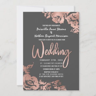 Elegant Rose Gold Floral Dark Grey Wedding Invitation