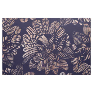 Elegant Rose Gold Floral Drawings on Navy Blue Fabric