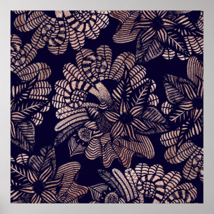Elegant Rose Gold Floral Drawings on Navy Blue Poster