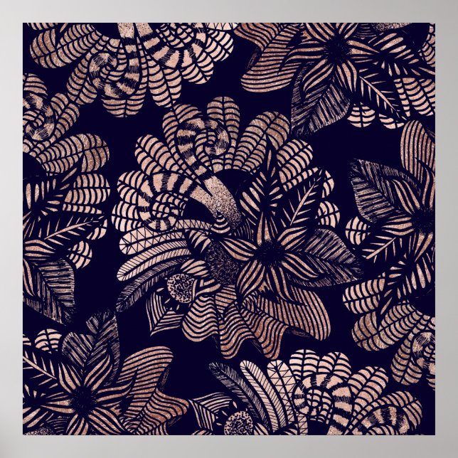 Elegant Rose Gold Floral Drawings on Navy Blue Poster (Front)