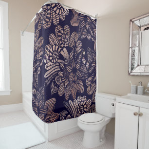 Elegant Rose Gold Floral Drawings on Navy Blue Shower Curtain