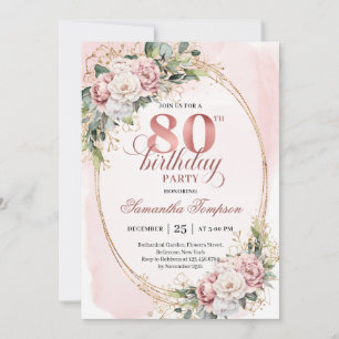 Elegant Rose Gold Floral Eucalyptus 80th Birthday  Invitation