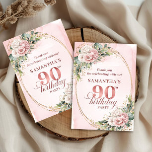 Elegant Rose Gold Floral Eucalyptus 90th Birthday Thank You Card
