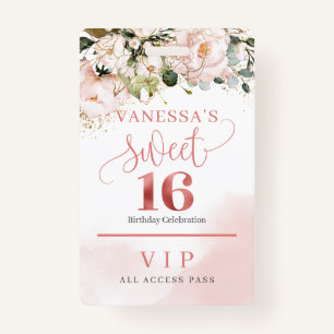 Elegant rose gold floral eucalyptus gold sixteen ID badge