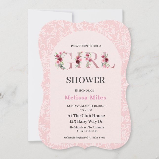 Elegant Rose Gold floral letters Girl Baby shower  Invitation (Front)