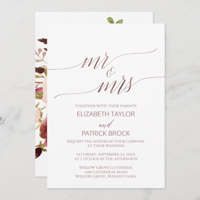Elegant Rose Gold Floral Mr & Mrs Wedding Invitation (Front/Back)