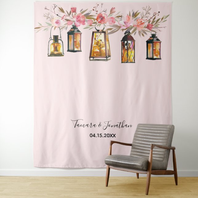 Elegant Rose Gold Floral Photo Backdrop Wedding Tapestry (In Situ)