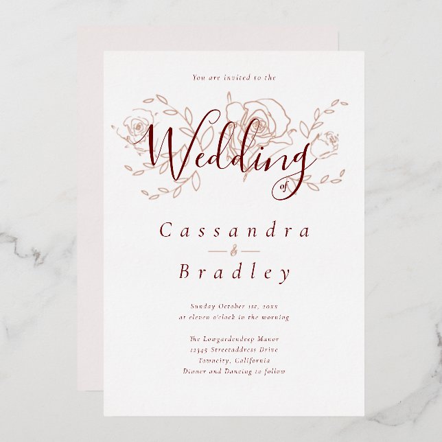 Elegant Rose Gold Floral Pink Burgundy Wedding (Front/Back)