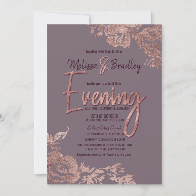 Elegant Rose Gold Floral Purple Mauve Evening Invitation (Front)