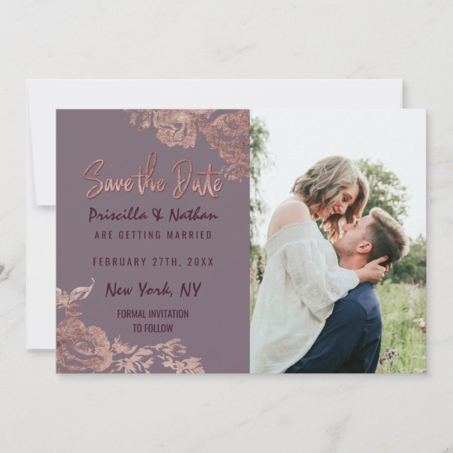 Elegant Rose Gold Floral Purple Mauve Save Date Save The Date (Front)