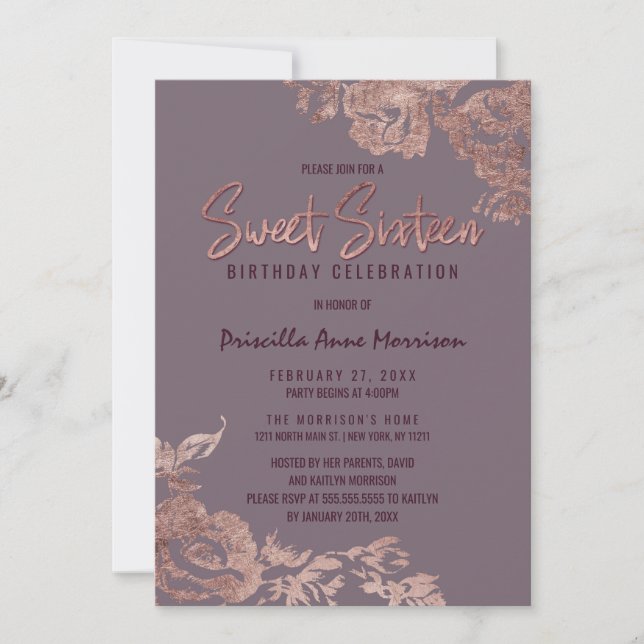 Elegant Rose Gold Floral Purple Mauve Sweet 16 Invitation (Front)