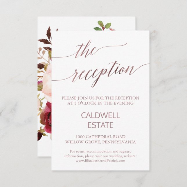 Elegant Rose Gold Floral Reception Enclosure Card (Front/Back)