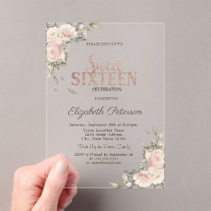 Elegant Rose Gold Floral Sweet 16 Birthday Acrylic Invitations