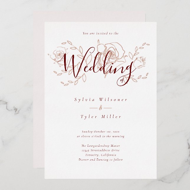 Elegant Rose Gold Floral White Burgundy Wedding Fo (Front/Back)