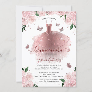 Elegant Rose Gold FloralQuinceañera Dress Invitation