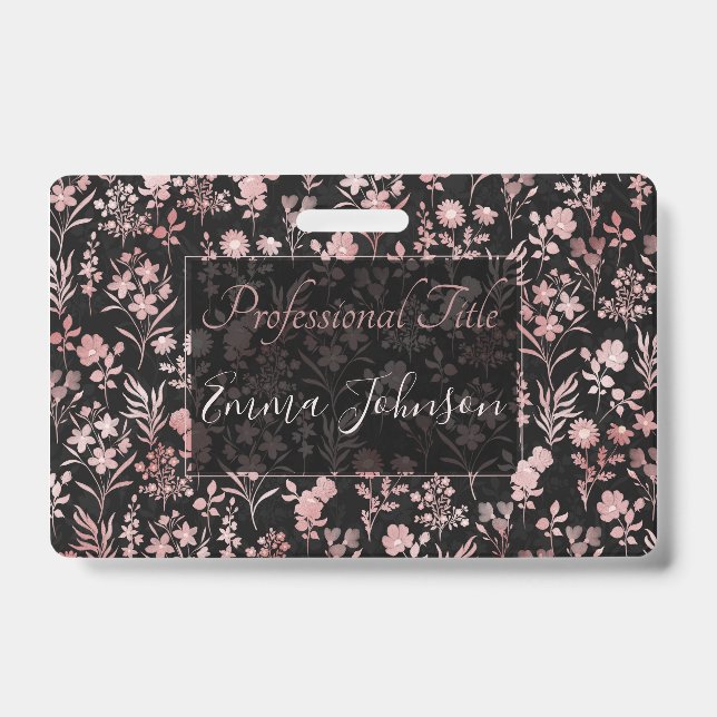 Elegant Rose Gold Flowers Black Botanical ID Badge (Front)