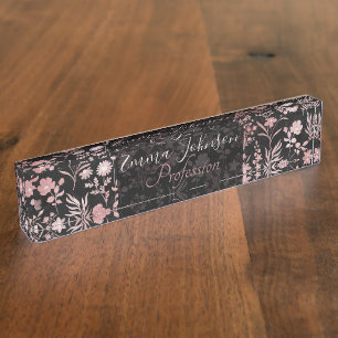 Elegant Rose Gold Flowers Black Botanical Nameplate