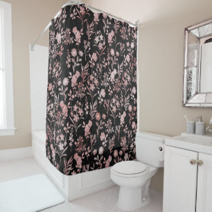 Elegant Rose Gold Flowers Black Botanical Shower Curtain