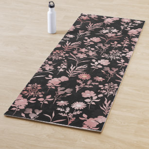 Elegant Rose Gold Flowers Black Botanical Yoga Mat