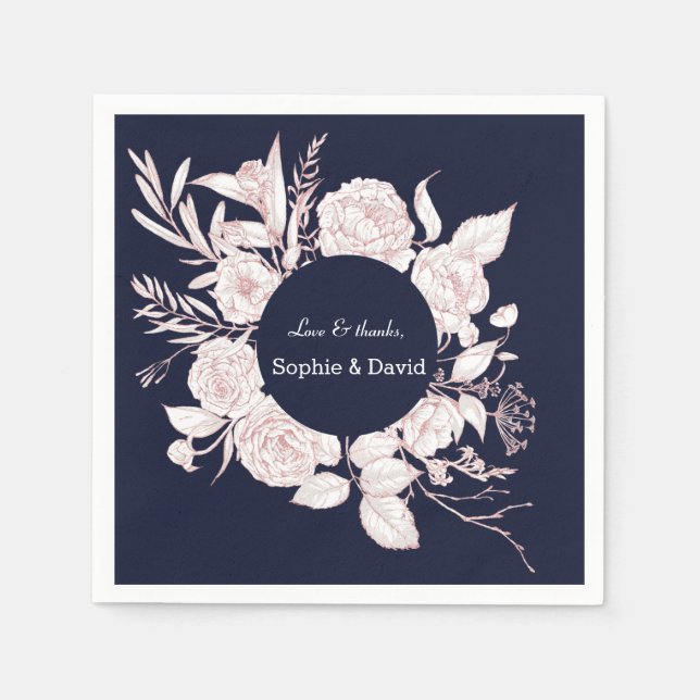 Elegant Rose Gold Flowers Navy Blue Wedding Napkin (Front)