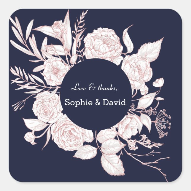 Elegant Rose Gold Flowers Navy Blue Wedding Square Sticker (Front)