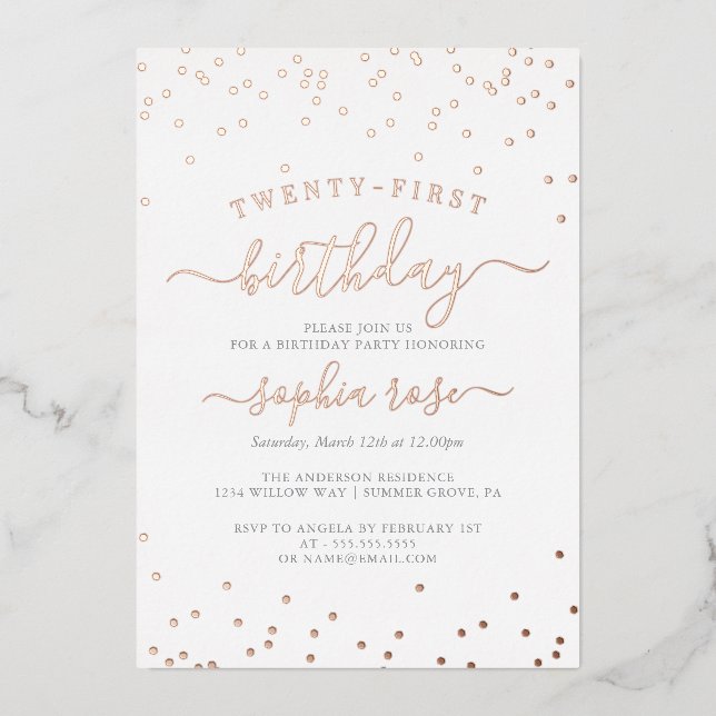 Elegant Rose Gold Foil Calligraphy 21st Birthday  (Front)