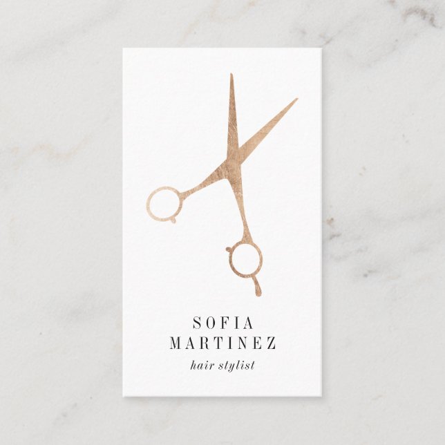 Elegant rose gold foil hair stylist scissors logo business card (Front)