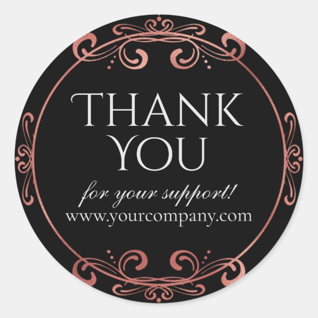 Elegant Rose Gold Foil Luxury Black Thank You Classic Round Sticker (Front)