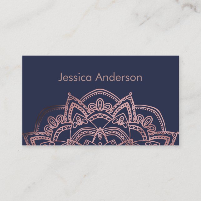 Elegant Rose Gold Foil Mandala Over Navy Business Card (Front)