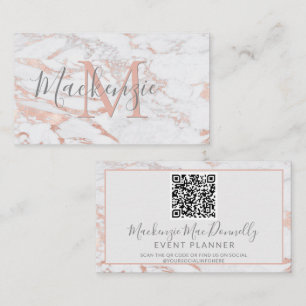 Elegant Rose Gold Foil Marble Monogram QR Code Business Card
