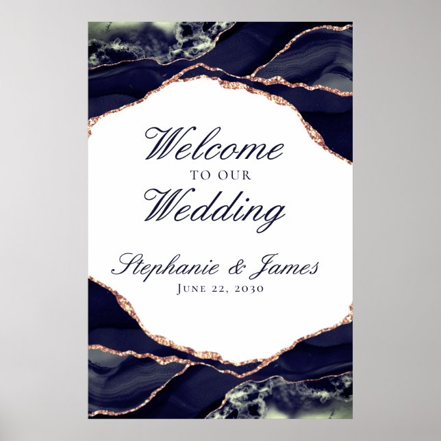 Elegant Rose Gold Foil Navy Agate Wedding Welcome Poster (Front)