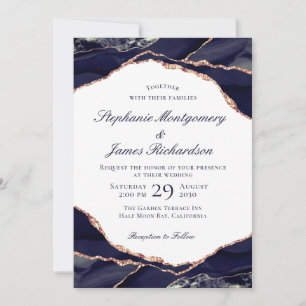 Elegant Rose Gold Foil Navy Blue Agate Wedding Invitation