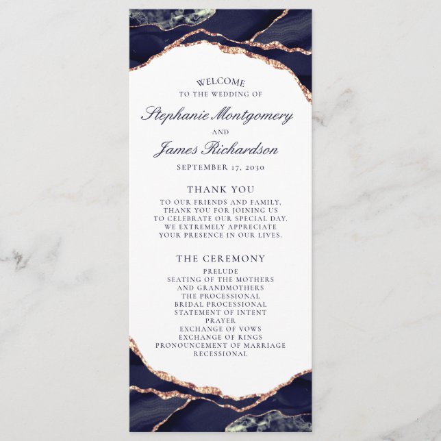 Elegant Rose Gold Foil Navy Blue Agate Wedding Program (Front)