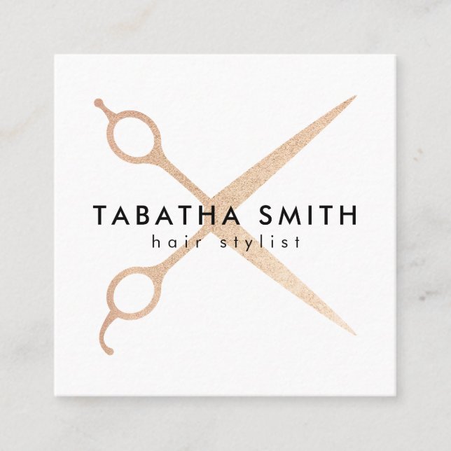 Elegant rose gold foil scissors hair stylist salon square business card (Front)