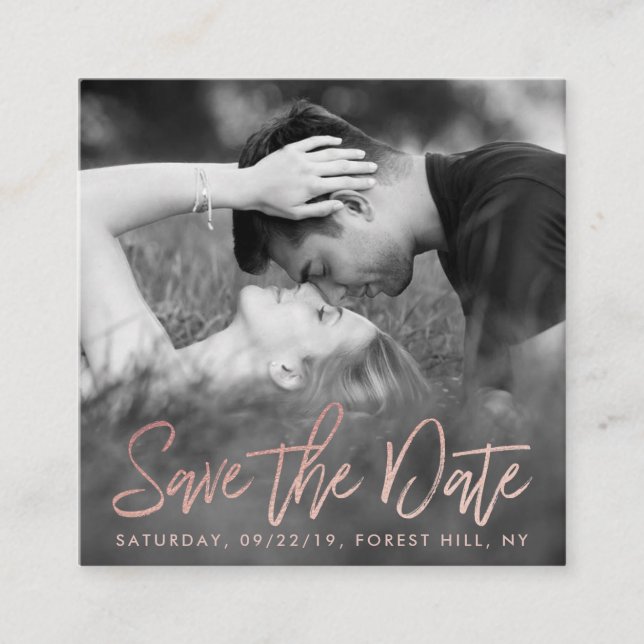 Elegant Rose Gold Foil Script Photo Save The Date Enclosure Card (Front)