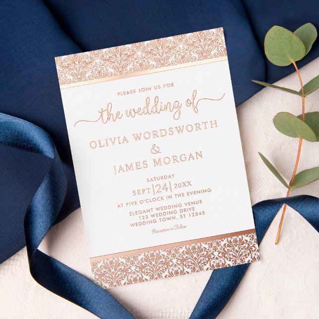 Elegant Rose Gold Foil White Damask Wedding (Creator Uploaded)