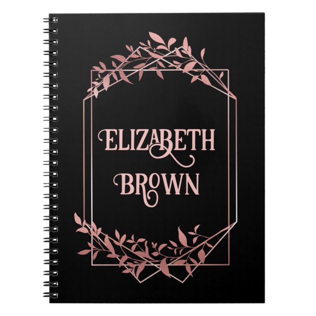 Elegant rose gold frame leaves black notebook (Front)