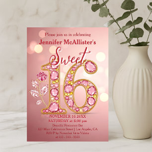 Elegant Rose Gold Gemstone Sweet 16 Birthday Invitation