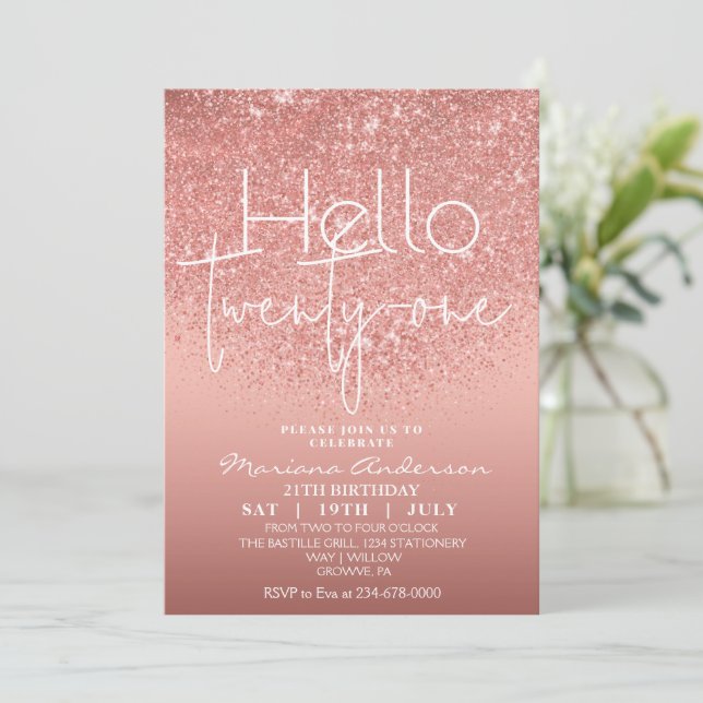Elegant Rose Gold Glitter 21st Birthday Invita Invitation (Standing Front)
