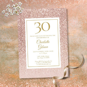 Elegant Rose Gold Glitter 30th Birthday Invitation